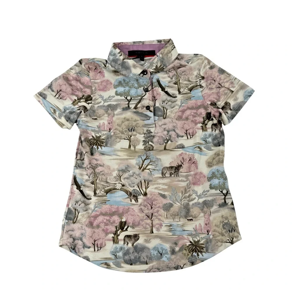NWT Greyson Girls Scarlett Wolves Roam‎ Polo Shirt Wisteria Pink S Short Sleeve